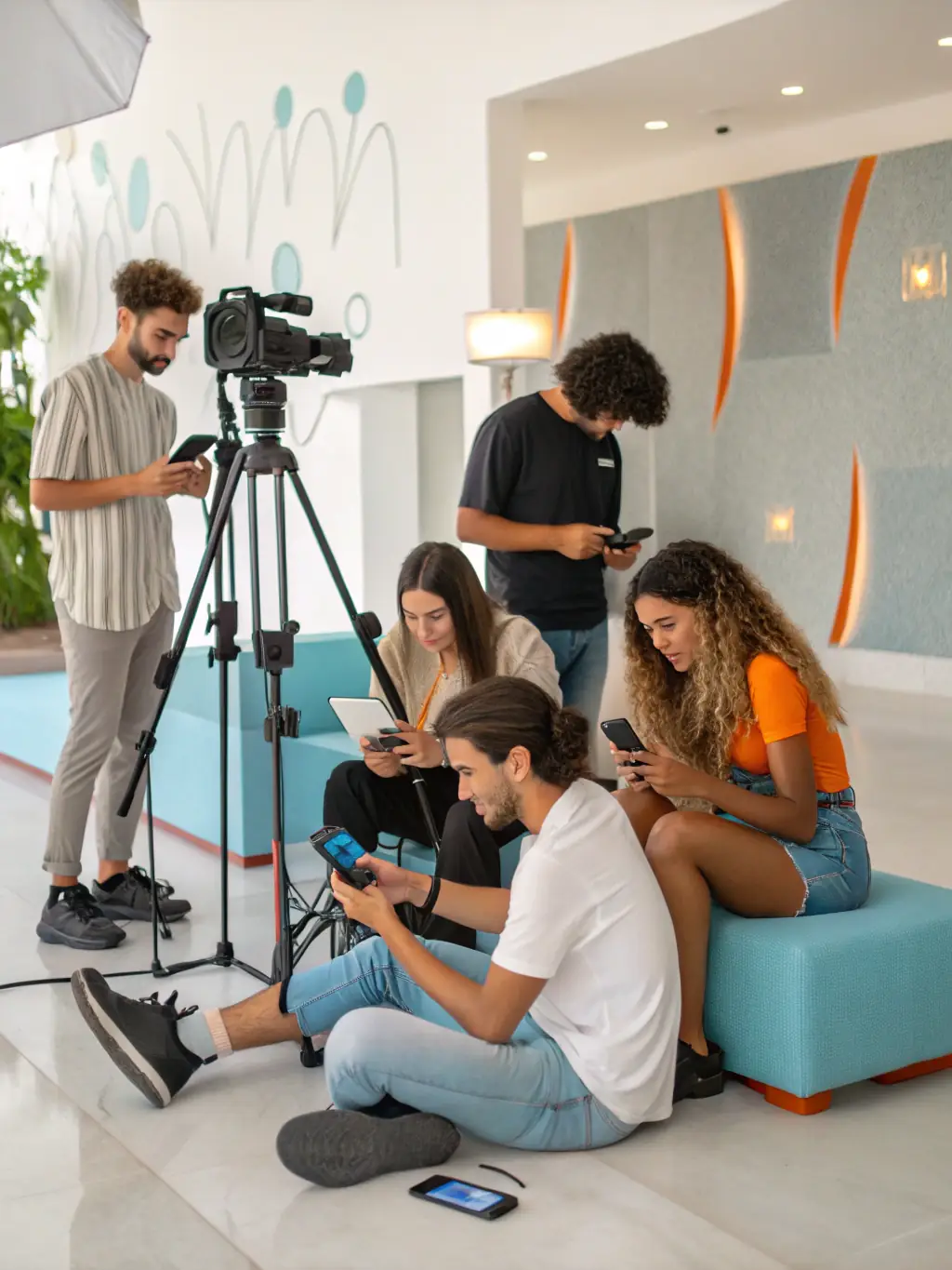 A photo of a diverse group of influencers collaborating on content creation, showcasing the collaborative nature of one-time influencer partnerships.